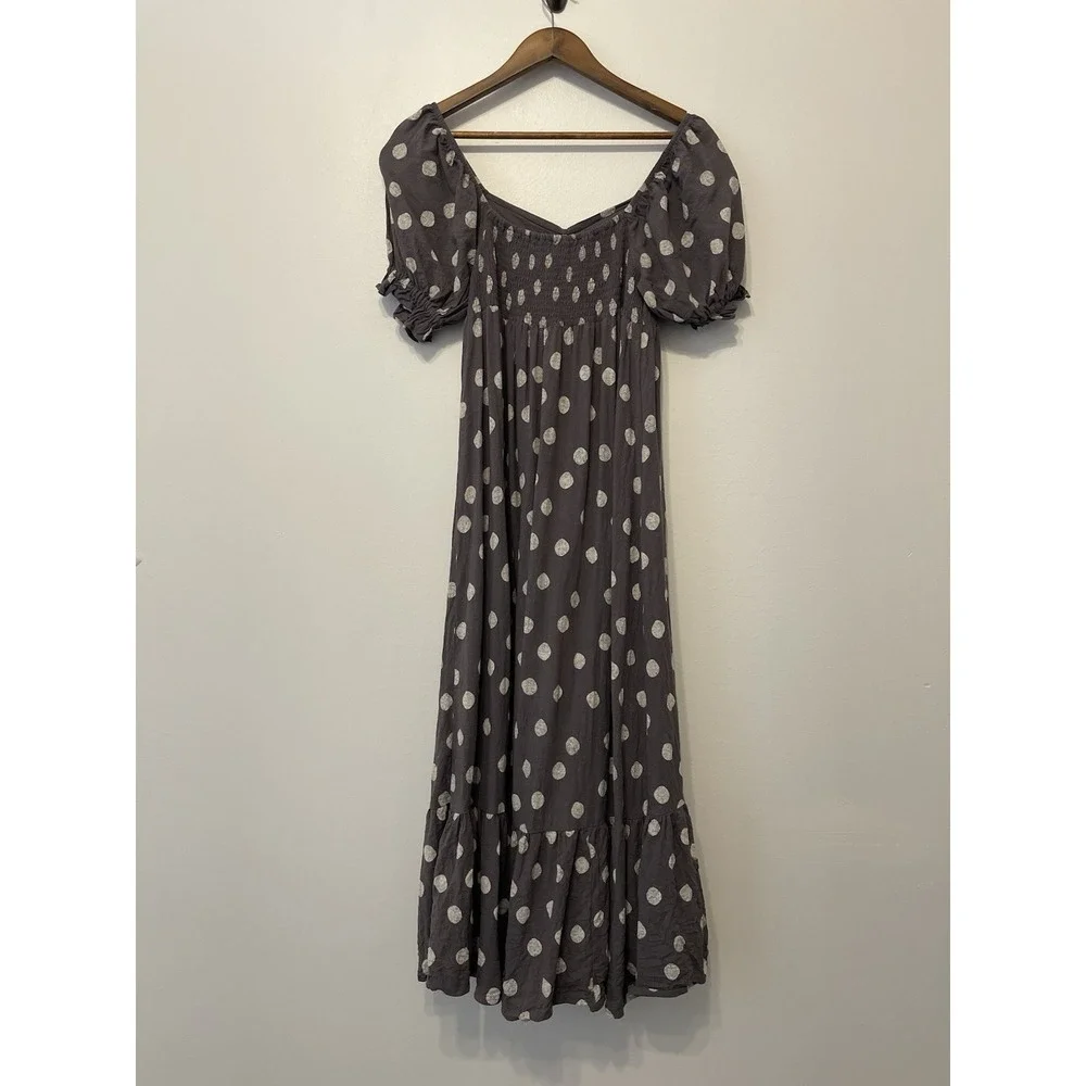 Rylee And‎ Cru Women's Linen Blend Polka Dot Dress Size S Milkmaid Coquette Grey